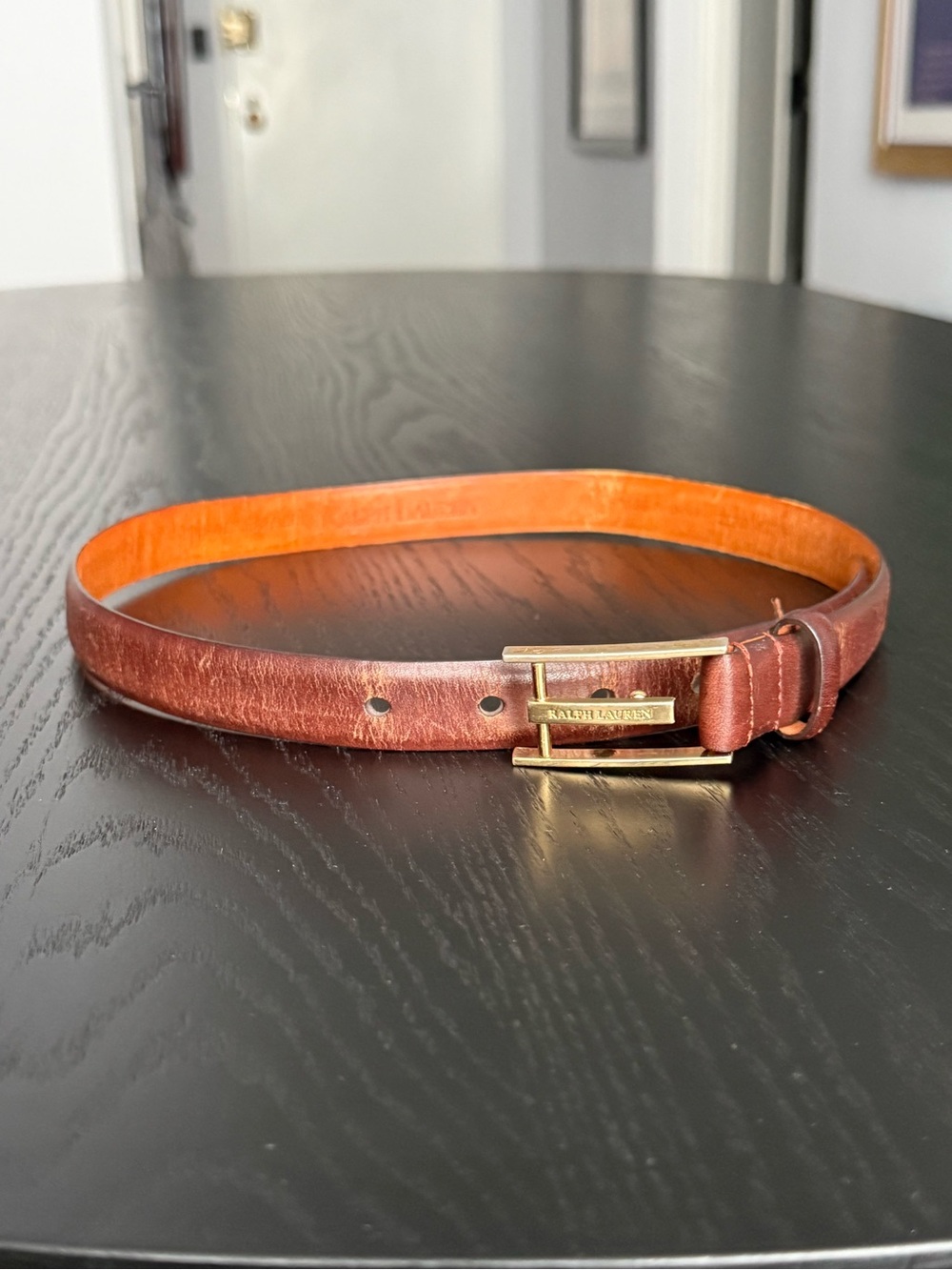 Ralph Lauren Distressed Brown Leather Belt with Gold Buckle